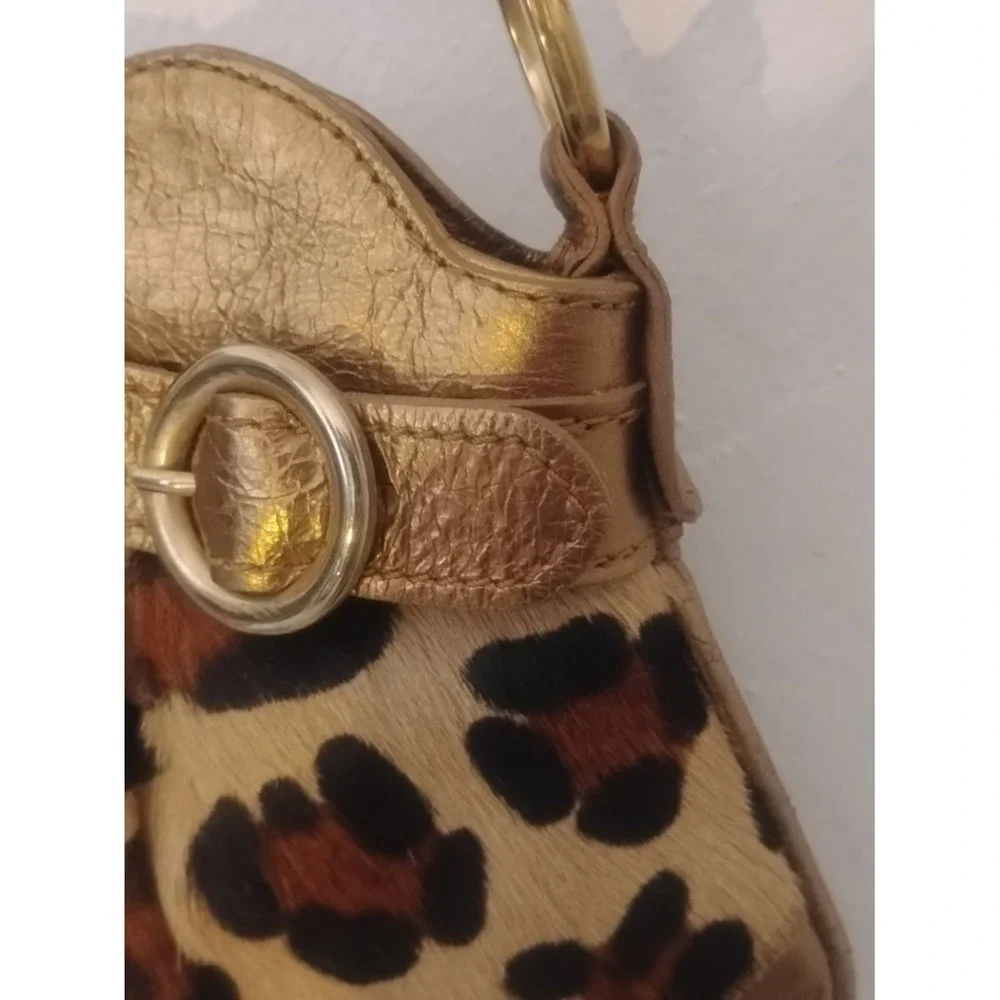 Caterina Lucchi Italy Leopard Calf Hair Metallic Gold Studded Chain Shoulder Bag